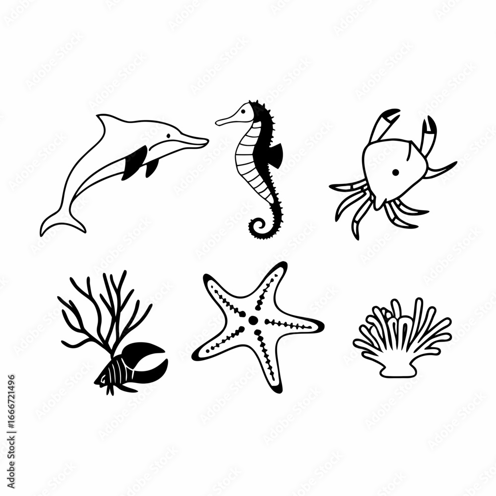 Fototapeta premium Hand drawn doodle set of sea animals for design use