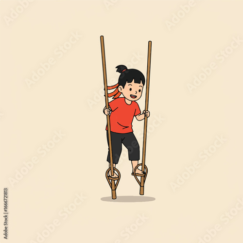 Happy child playing traditional Egrang game with a bright smiling expression, showcasing cultural heritage and playful activity in a clean flat vector illustration.