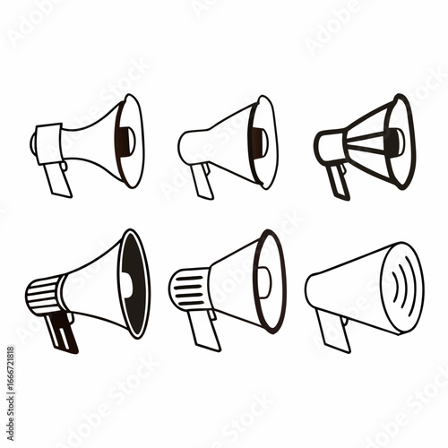 A collection of six megaphone illustrations, ideal for announcements and promotions