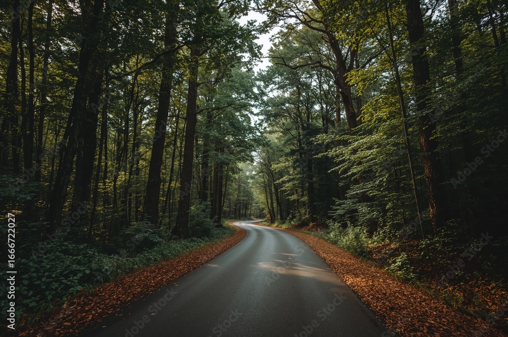 Naklejka premium A curving trail amidst a dense cluster of towering trees
