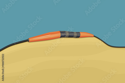 Submarine cable with joint box on the seabed. Vector illustration.