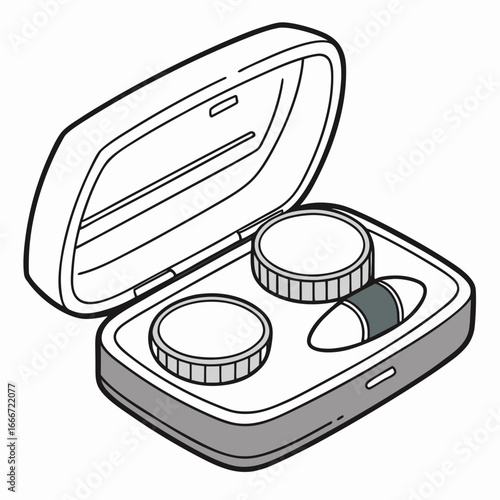 Open contact lens case with two lens holders and a tweezer tool inside on a white background