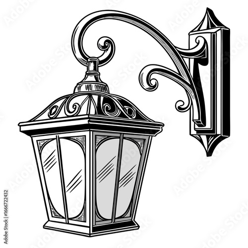 Ornate vintage black and white wall lantern with decorative scrollwork and glass panels