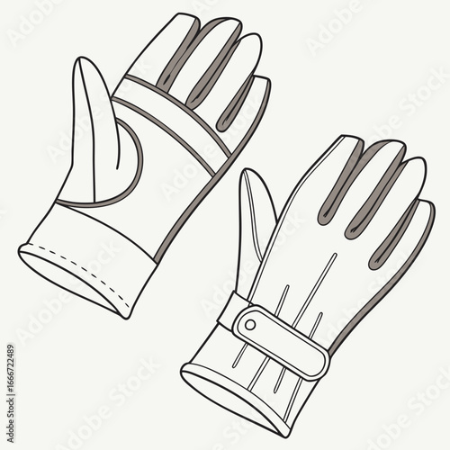 Pair of stylish leather gloves with detailed stitching and adjustable strap isolated on white background