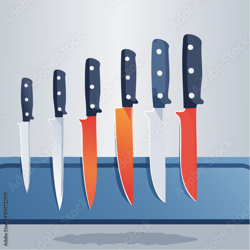 Different Size Knives Displayed On A Kitchen Counter