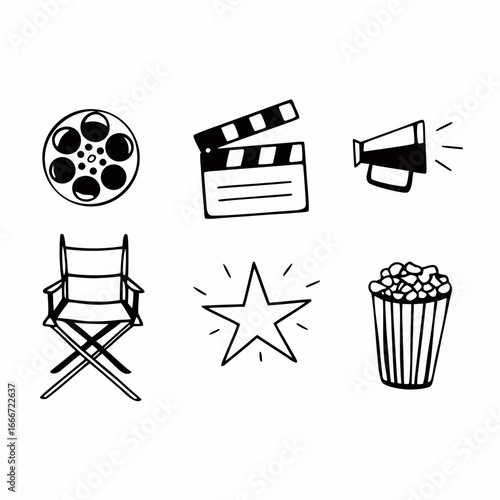 Movie making equipment icons including film reel, clapperboard, popcorn and director chair