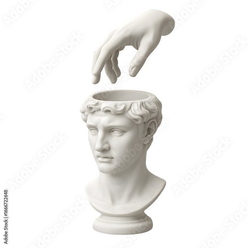 White plaster bust of a man with a hand reaching into its head isolated on transparent background