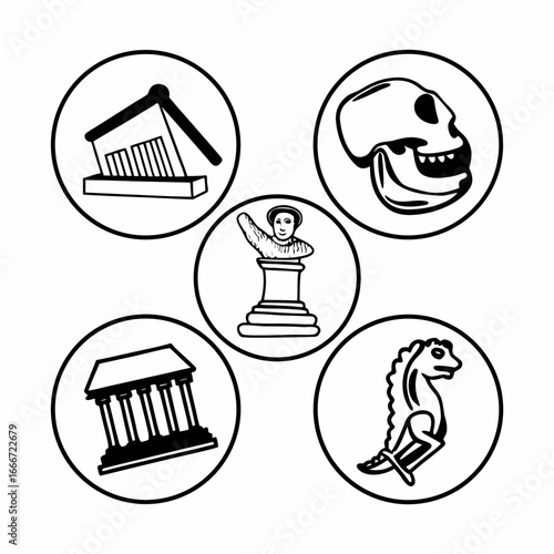 Collection of museum related icons in circles, including building, skull, bust and dinosaur
