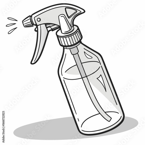 Simple black and white illustration of a clear spray bottle dispensing liquid with a shadow