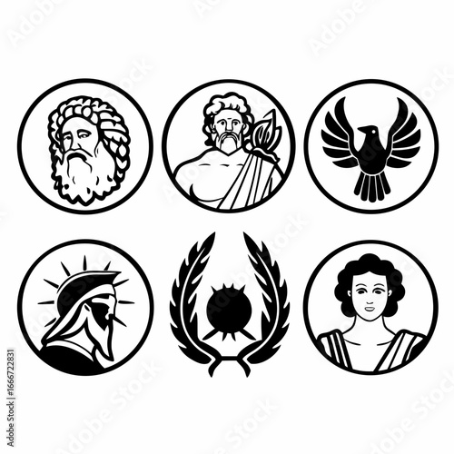 Collection of ancient greek gods and symbols, including zeus, eagle, helmet, and laurel wreath