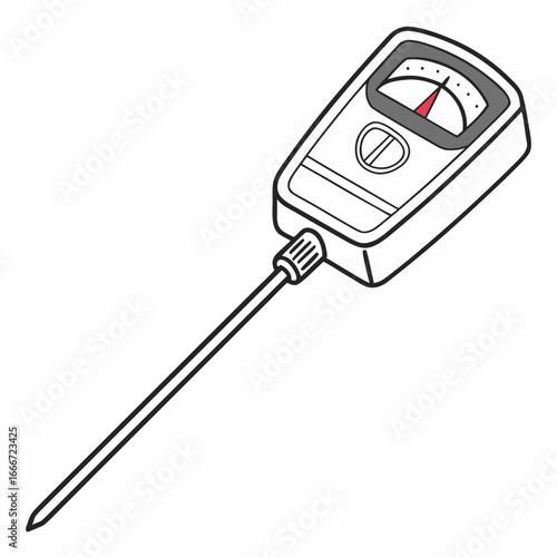 Simple line drawing illustration of a handheld soil meter with a needle indicator and a long probe