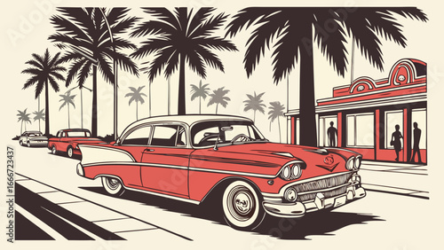 vintage car parked on a palm lined street