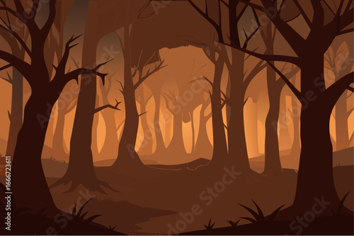 Eerie forest scene with silhouetted trees and warm hues