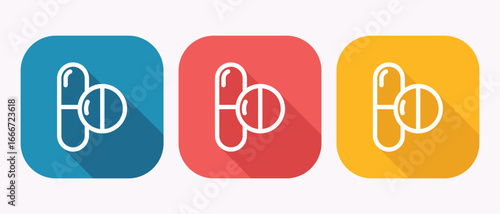 Three colorful flat design icons representing pills and capsules with long shadows