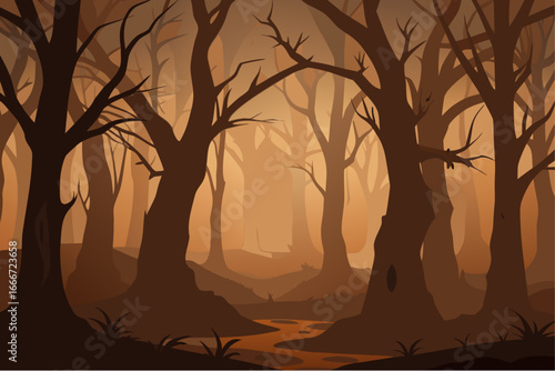 Mysterious forest with orange haze and winding stream