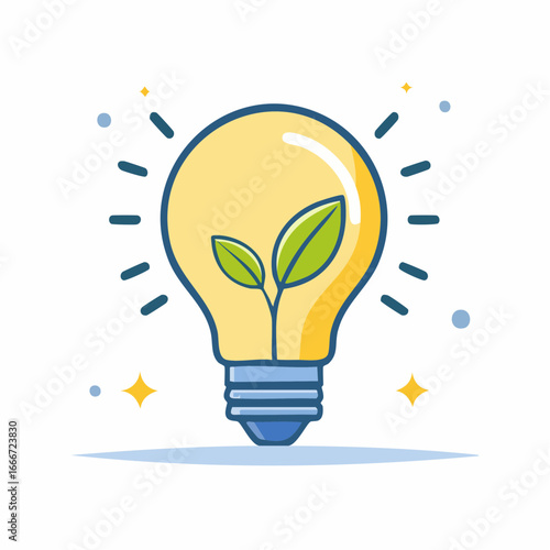 Bright Yellow Lightbulb With Green Plant Illustration