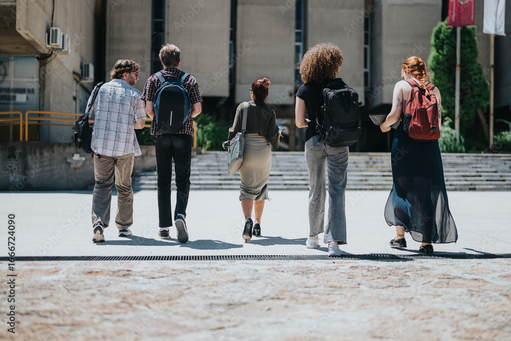 Obraz premium Diverse group of students with backpacks and their professor going to school, walking near a concrete building exterior, evoking concepts of education, camaraderie and exploring learning environments.