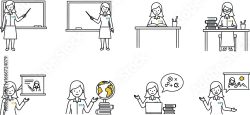 A set of hand-drawn illustrations depicting a teacher in various educational settings