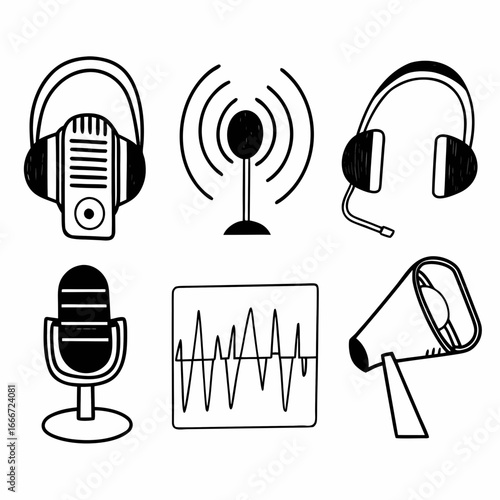 Illustration of podcasting equipment including microphone, headphones, loudspeaker