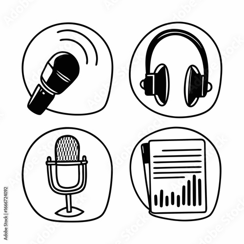 Illustration of podcasting equipment including microphone, headphones, report