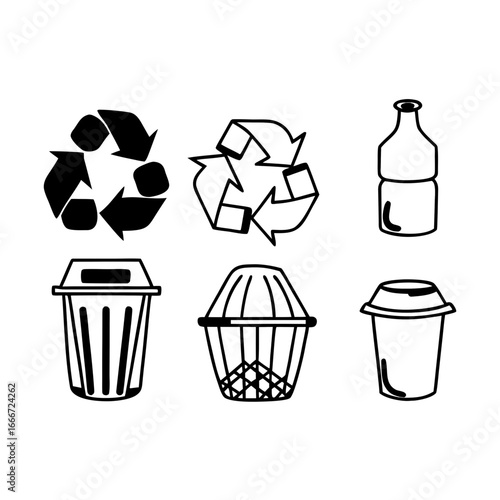 Illustration of recycle symbols, bins and bottle