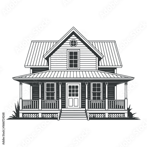 Monochromatic Illustration of a Two Story Farmhouse with a Porch, Balcony, Gabled Roof, and Lush Lawn