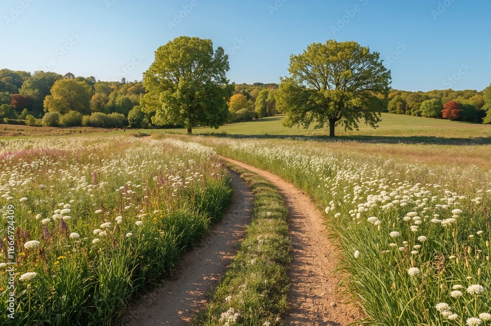 Fototapeta premium A serene trail winding through a vibrant meadow filled with trees and cow parsley