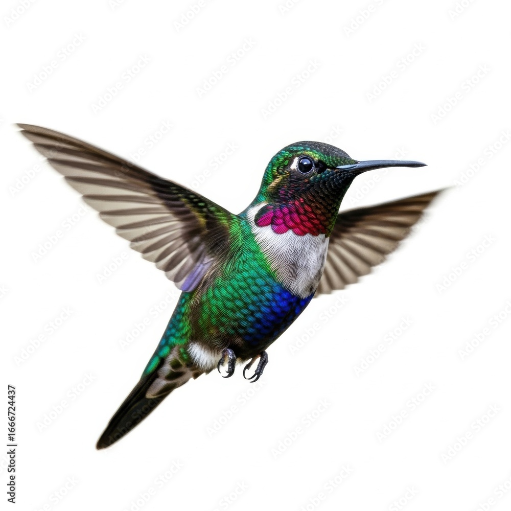 Fototapeta premium Hummingbird in flight with iridescent feathers isolated on white background