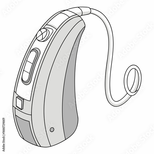 Stylized illustration of a modern behind the ear hearing aid device with a thin tube and ear mold