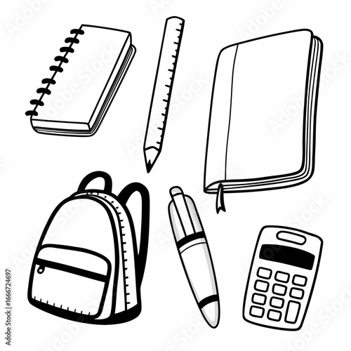 Hand drawn set of school supplies, including pencil, book, calculator