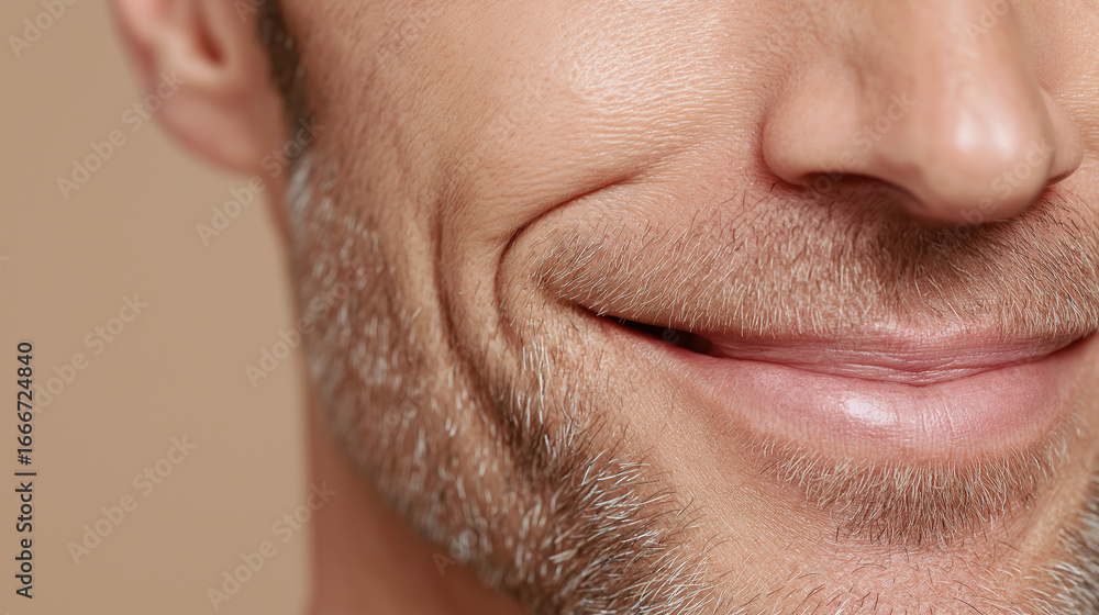 Fototapeta premium Smiling mature man close up showing facial wrinkles and beard stubble with natural skin texture and happy expression in warm lighting