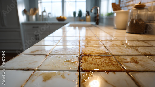 Comparison between oil stains in the kitchen countertop before and after cleaning