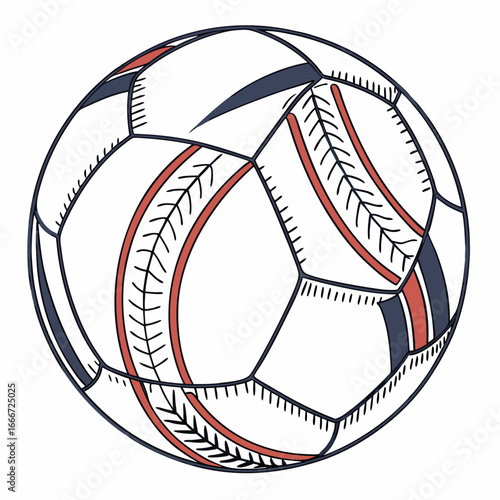 Stylized illustration of a soccer ball with red and blue panels and stitching detail