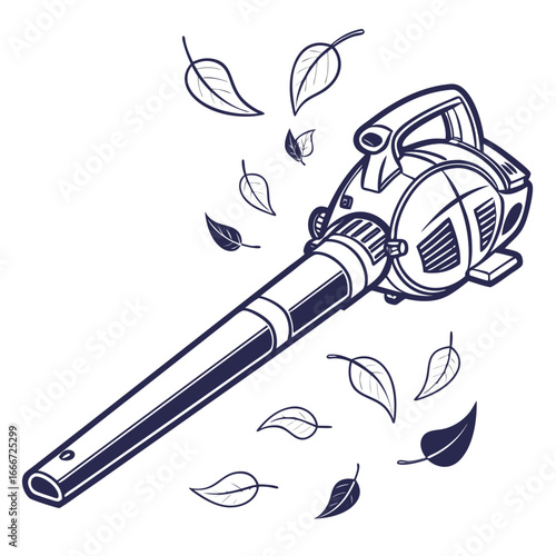 Stylized line art illustration of a leaf blower clearing scattered autumn leaves on a white background