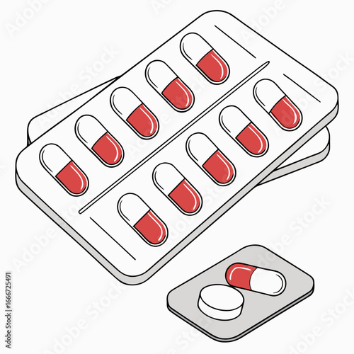 Two blister packs of red and white capsules and one white tablet on a small blister pack
