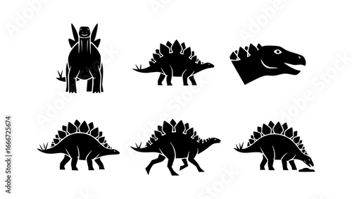A monochrome illustration featuring various poses of the Stegosaurus, a prehistoric creature with distinct plates along its back.