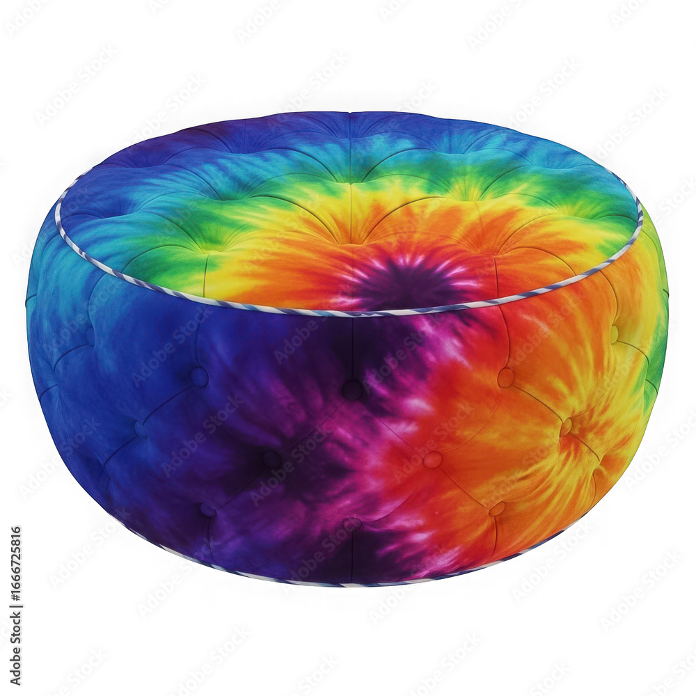 Obraz premium Vibrant rainbow tiedye ottoman pouf footstool with tufted button detail, a colorful and psychedelic design for bohemian home decor isolated on transparent background