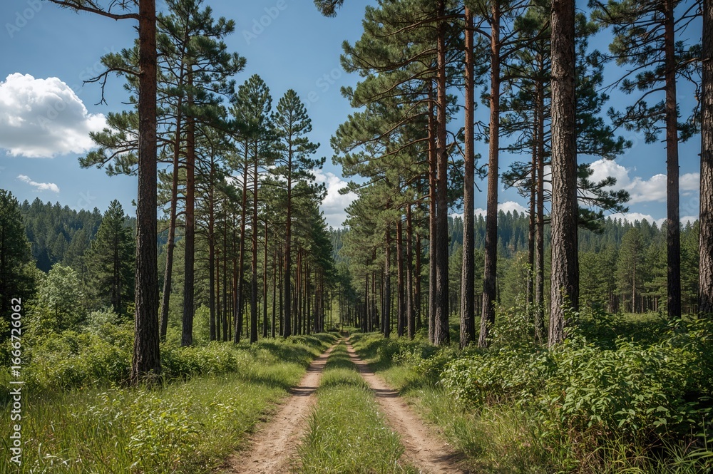 Obraz premium A woodland view featuring evergreen trees and lush grass flanking each side