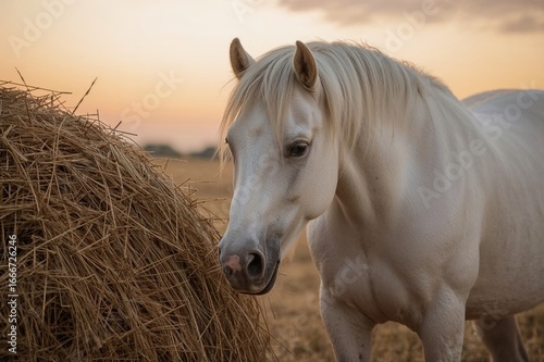 A Pale Horse Feeds Beside a...
