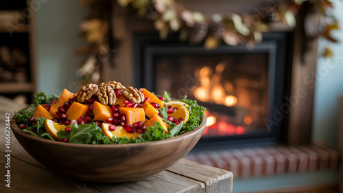 Vibrant autumn salad with walnuts and pomegranate next to a cozy fireplace, perfect for seasonal celebrations.