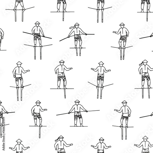 Traditional Indonesian Egrang game silhouettes create a dynamic, repeating line art pattern in striking black and white, depicting cultural playfulness.