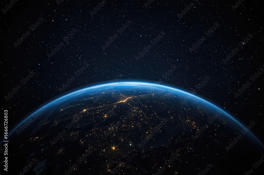 Fototapeta premium Earth glows vividly in blue, illuminated by yellow city lights beneath a sky full of stars.
