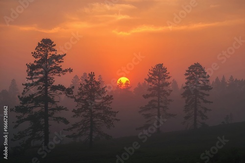 Silhouetted trees at dawn w...