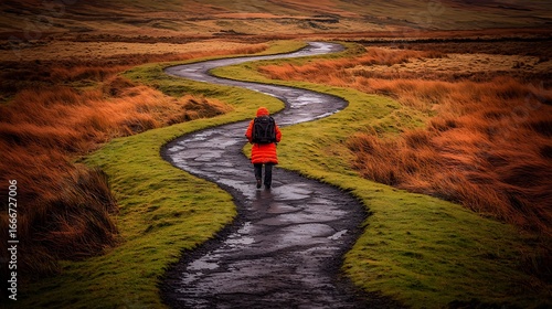 Overhead perspective of winding mountain path with backpacker, full frame camera at 28mm lens, warm natural light illuminating landscape