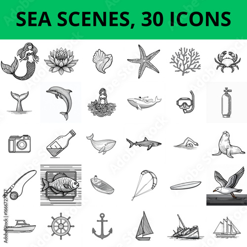 SEA SCENES, 30 ICONS. Monochrome vector illustration, SVG  