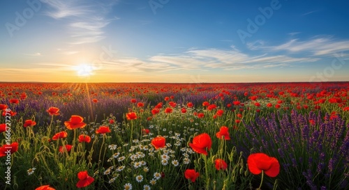 Sunset Serenity Vibrant Poppy and Lavender Field