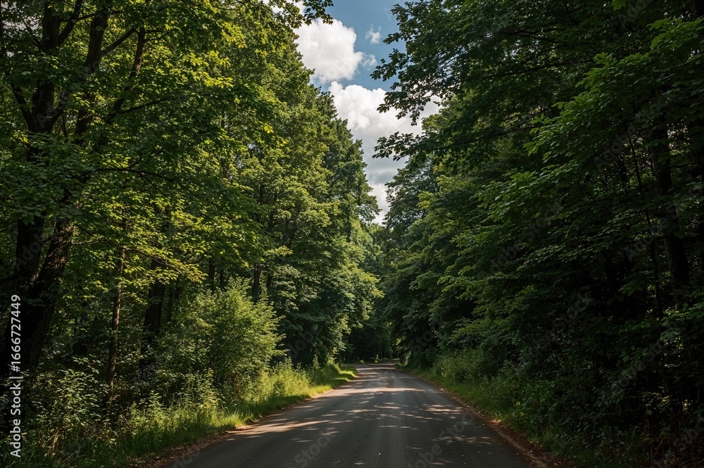 Fototapeta premium A slim pathway flanked by lush greenery in a quaint setting