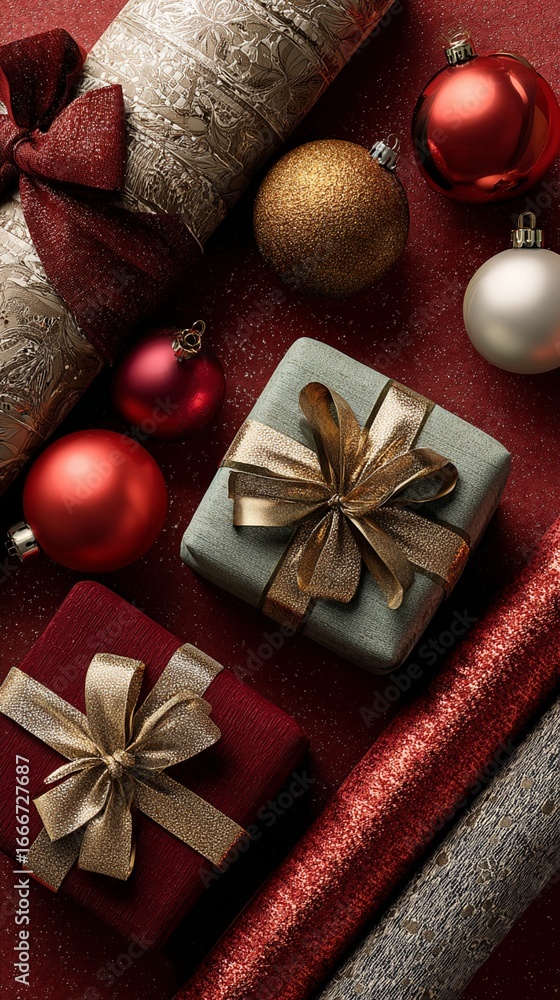 Fototapeta premium Elegant holiday gift boxes with metallic bows nestled among shimmering Christmas ornaments in rich red, gold, and silver tones, creating a luxurious festive composition