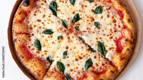 Overhead composition of fresh pizza with melted cheese, mirrorless camera at 28mm lens, balanced daylight highlighting texture and basil details
