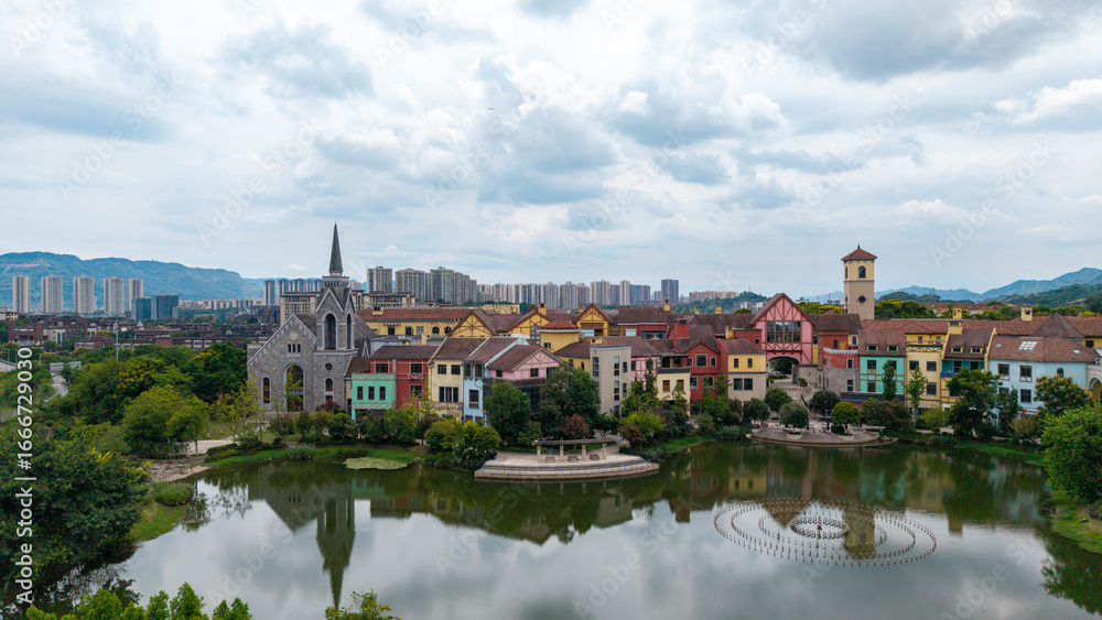 Obraz premium The European town by the lake